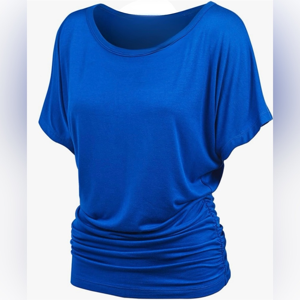 Casual Solid Short Sleeve Boat Neck Dolman Top with Side Shirring -royal